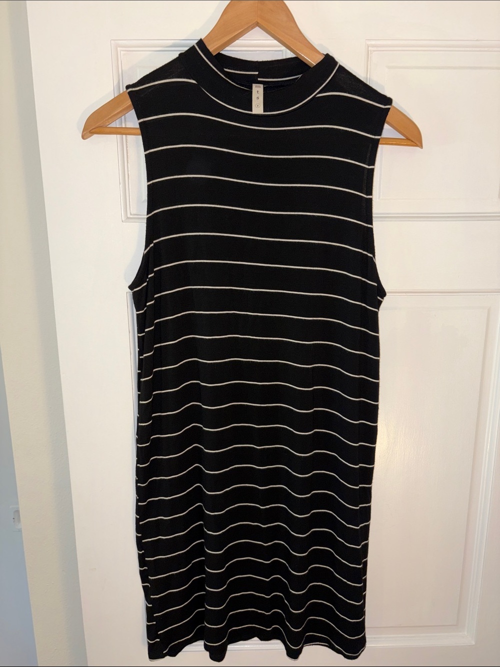Sleeveless Stretchy Mockneck Black & White Stripe Mini Dress